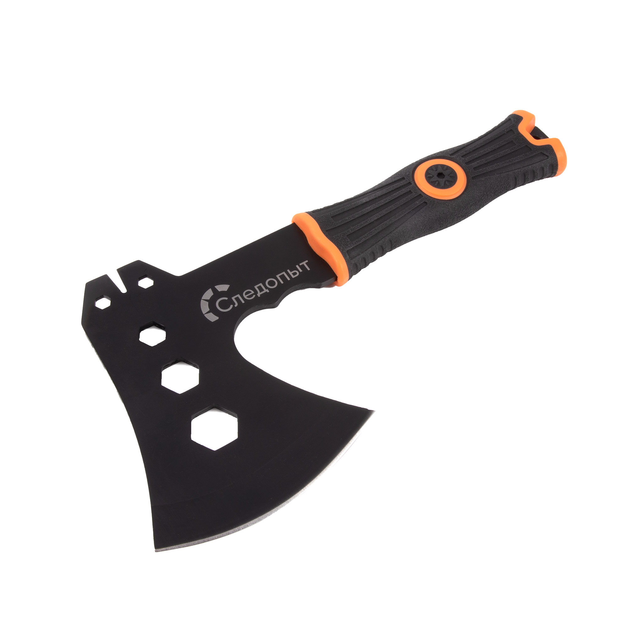Топор туристический "СЛЕДОПЫТ" 240*130*85 мм, 350 гр., обрез.ручка с оранж. вставками, в чехле/60/40