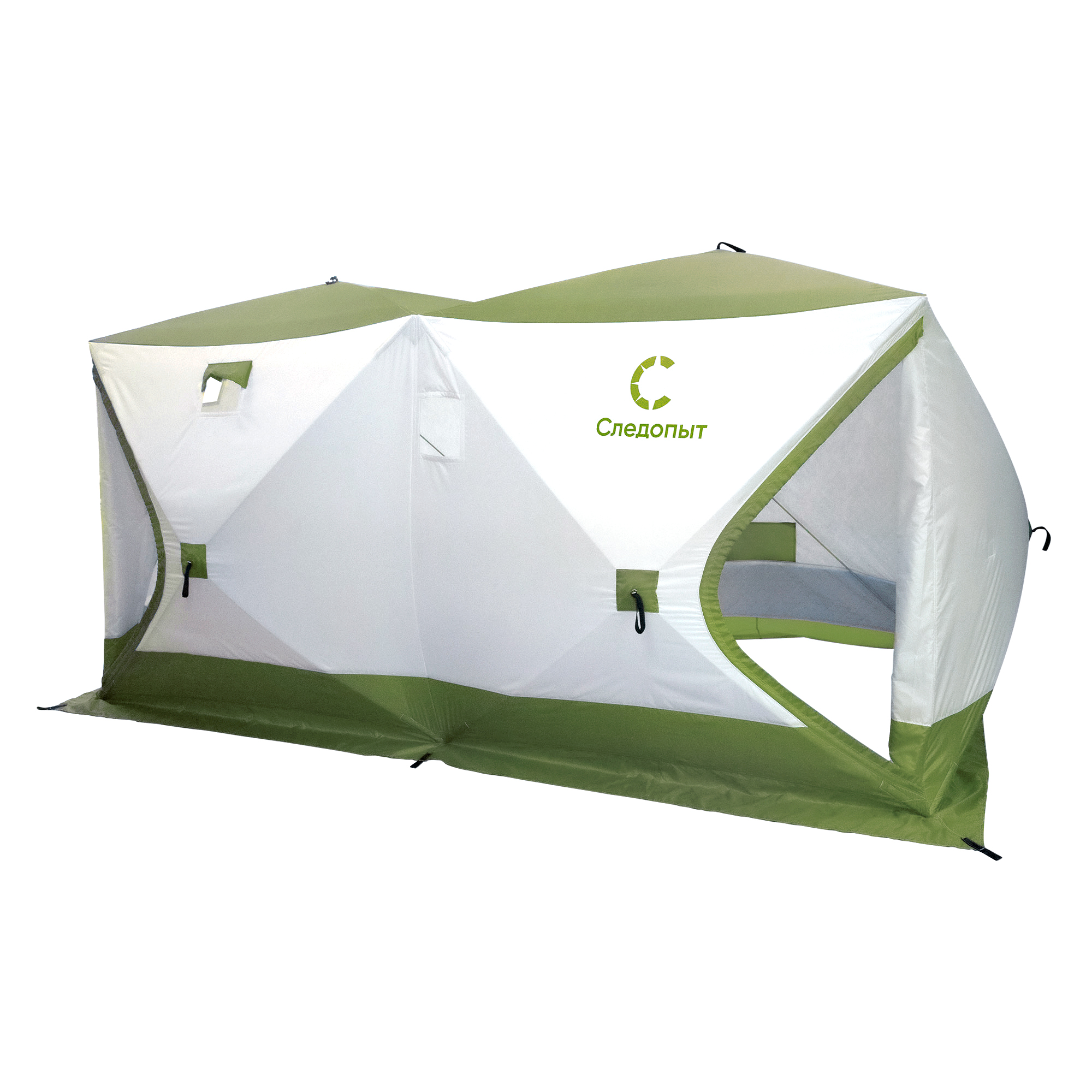 Палатка зимняя куб СЛЕДОПЫТ "Premium" 4,2х2,1м,2-х комнатная,S по полу 8,8кв.м, 3 слоя, цв. олив/бел