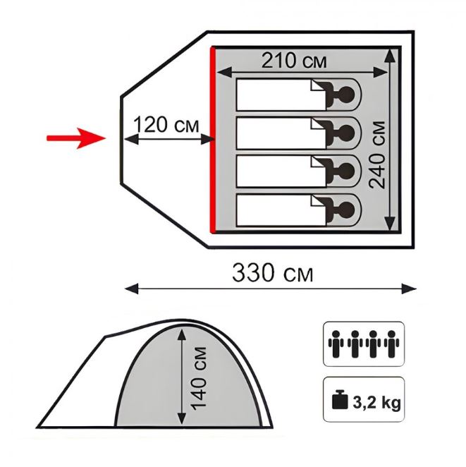 4-х местная туристическая палатка Totem Indi 4 V2, цвет зеленый,TTT-037