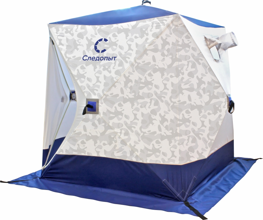 Палатка зимняя куб СЛЕДОПЫТ 2,1 х2,1 м,Oxford 210D PU 1000,S по полу 4,4 кв.м,цв.синий/белый с принт
