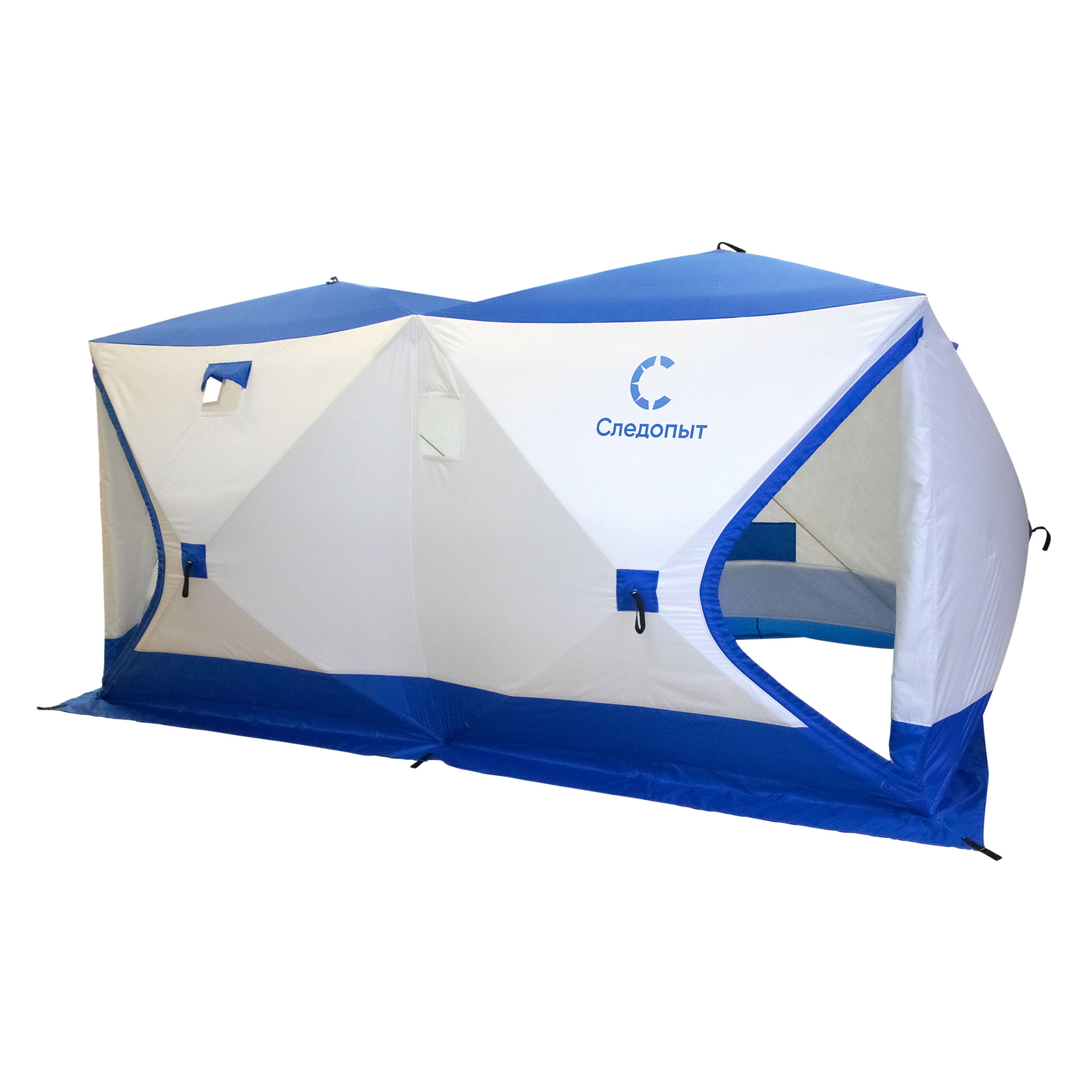 Палатка зимняя куб СЛЕДОПЫТ, 3,8х1,9 м, 2-х комнатная,S по полу 7,2 кв.м, 3 слоя , цв. синий/белый