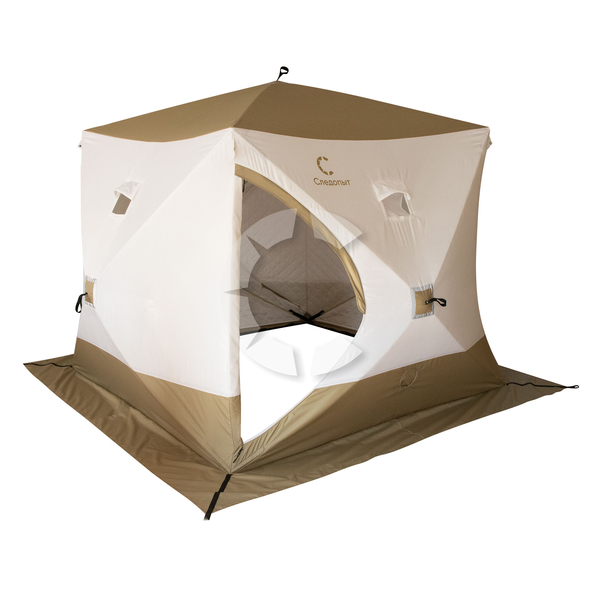 Палатка зимняя куб СЛЕДОПЫТ "Premium" 2,4х2,4 м, S по полу 5,7кв.м, 3 слоя, цв. оливковый/белый