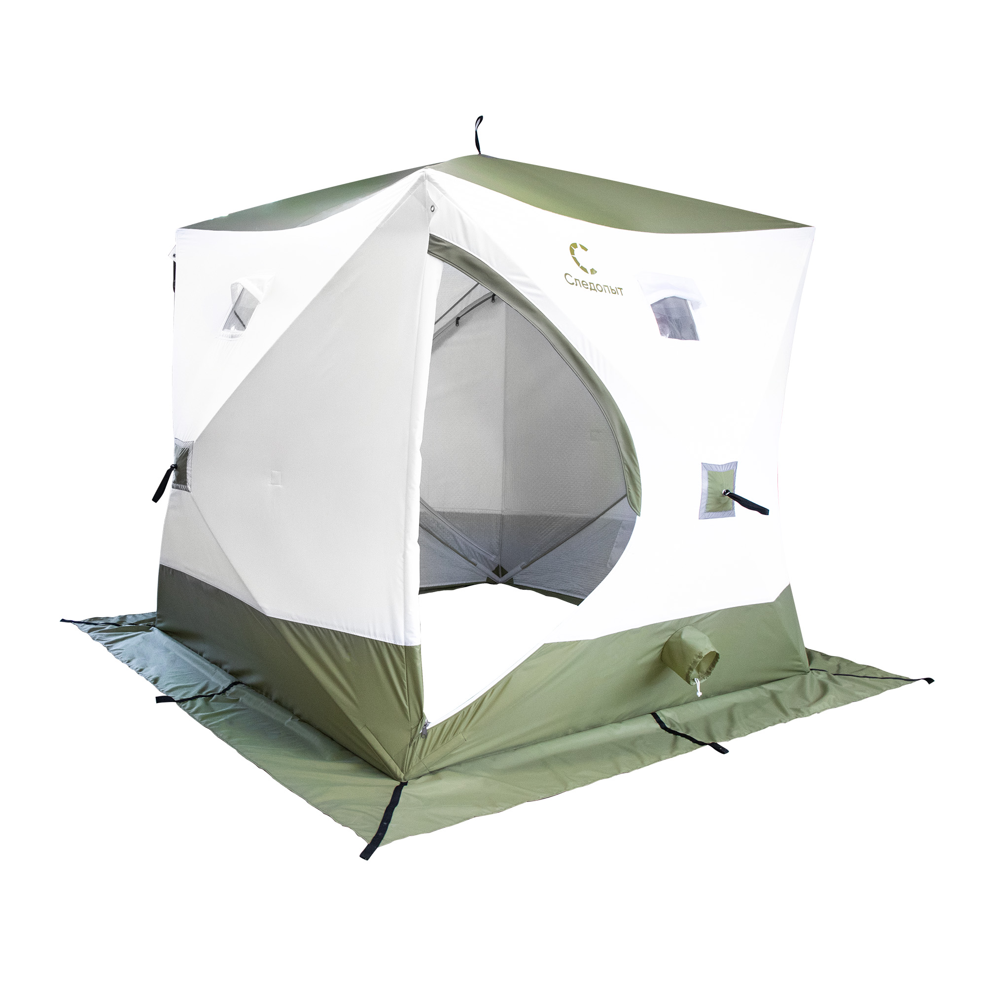 Палатка зимняя куб СЛЕДОПЫТ "Premium" 2,1х2,1 м, S по полу 4,4 кв.м, 3 слоя,2 двери, цв. олив/бел