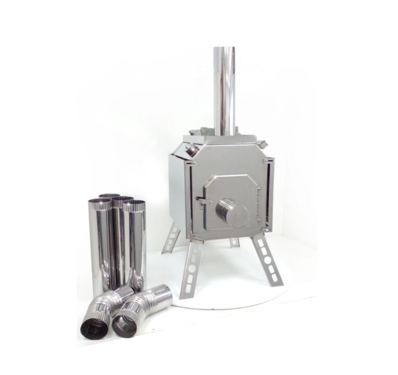 Походная печь Карасик с парогенератором "Мобильная баня" с искрогасителем, нержавейка 1мм 