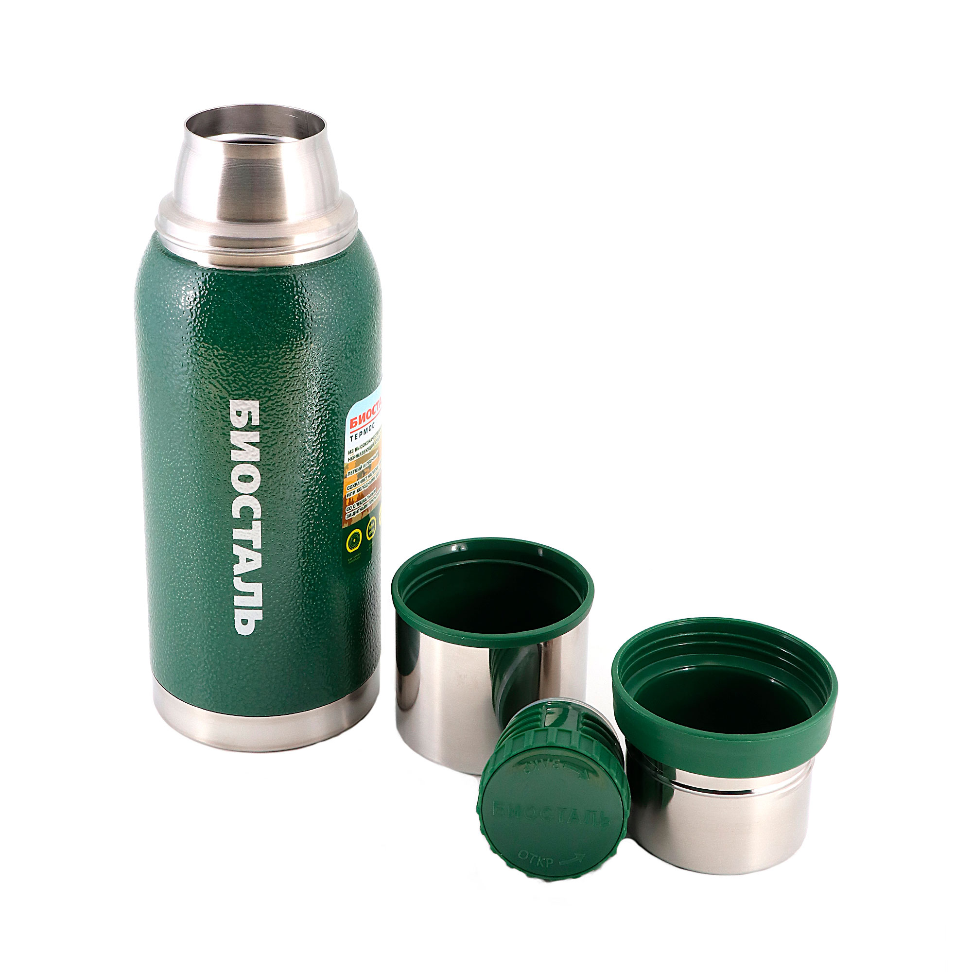 Термос "Биосталь-ОХОТА" с узкой горловиной, 2 чашки, 0,75 л/12/